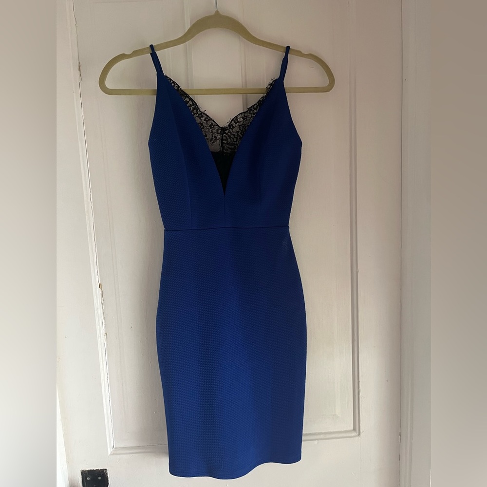 Soprano Royal Blue Bodycon Dress with black lace accents size XS